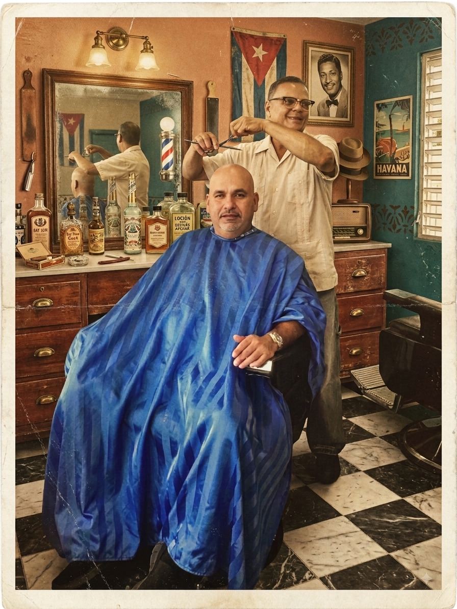 Robert cutting a client's hair in his barbershop, straight razor and comb in hand